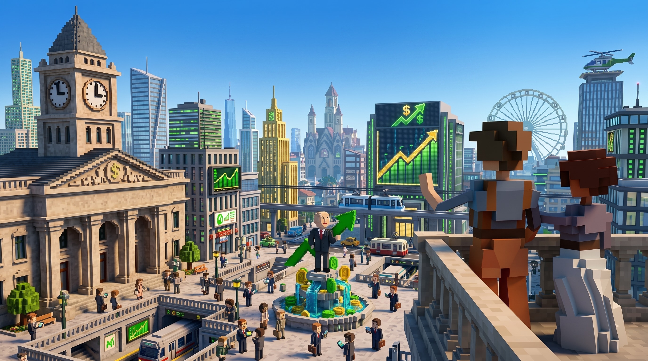 A voxel city seen from a balcony: a bank with a dollar pediment, a rising chart on a billboard, a fountain of coins in the plaza below